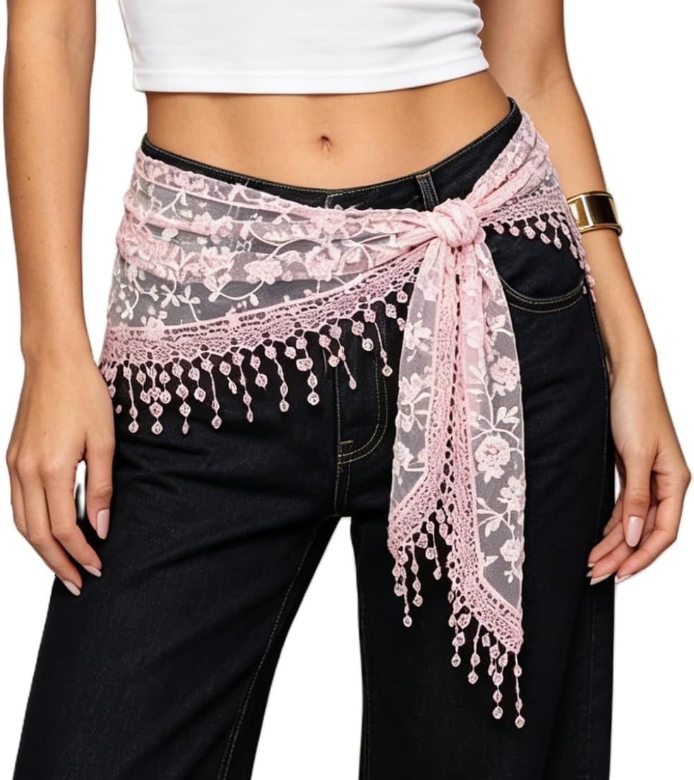 Women Lace Waist Scarf Belt Sheer Floral Lace Cover Up Wrap Mini Skirt Y2K Asymmetrical Hip Scarf Flowy Sarong