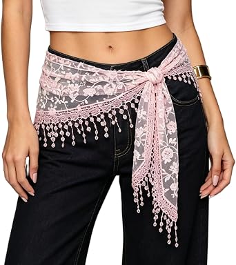 Women Lace Waist Scarf Belt Sheer Floral Lace Cover Up Wrap Mini Skirt Y2K Asymmetrical Hip Scarf Flowy Sarong