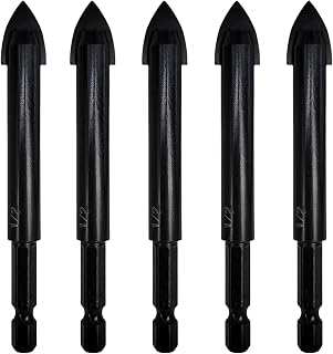 Hymnorq 1/2 Inch Glass and Tile Drill Bit 5pc Set, YG6X Tungsten Carbide Tipped Spear Cutter, 1/4 Hex Shank, Suitable for Drilling Ceramic Mirror Wood Porcelain Brick Wall Bottle