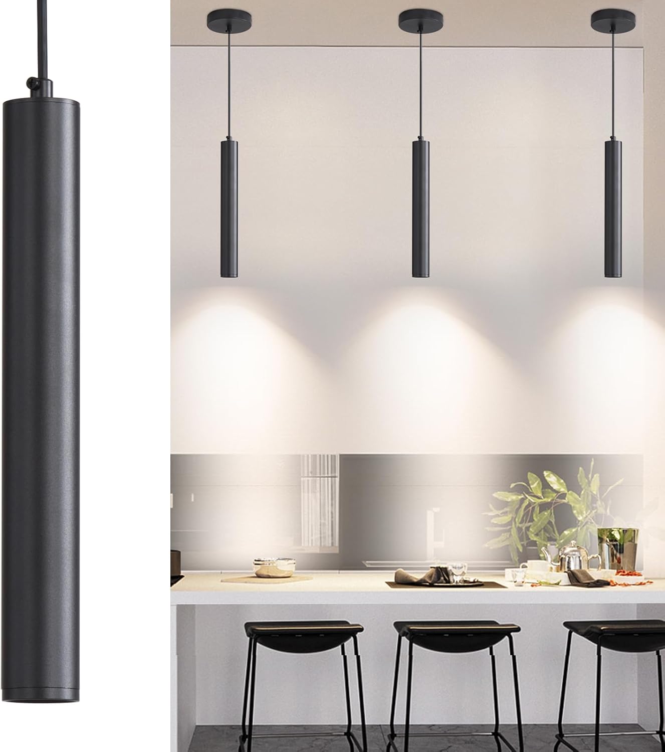 3 Pack Black Pendant Lights for Kitchen Island, Modern Minimalist Linear Hanging Light Fixtures, 3 Color 3000K/4500K/6500K, Ceiling Pendant Lighting for Dining Room, Bedroom, Hallway, Bedside