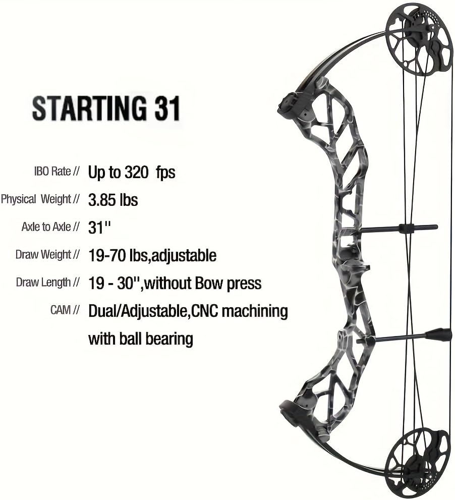 Compound Bow Package for Beginners & Intermediate, Hunting & Target Archery, 19-70 lbs Draw Weight, 19-30" Draw Length