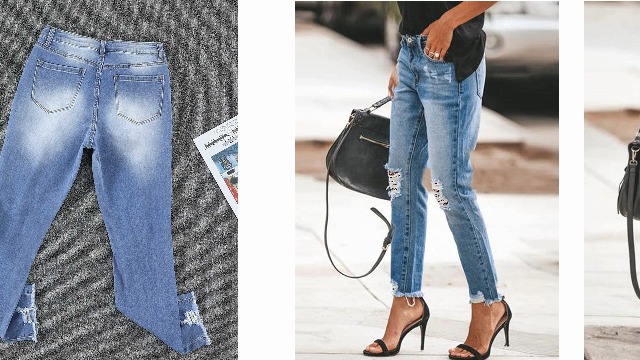 Meufam Women's Patchwork Destroyed Raw Hem Jeans - Baggy Ripped Hole Denim Pants
