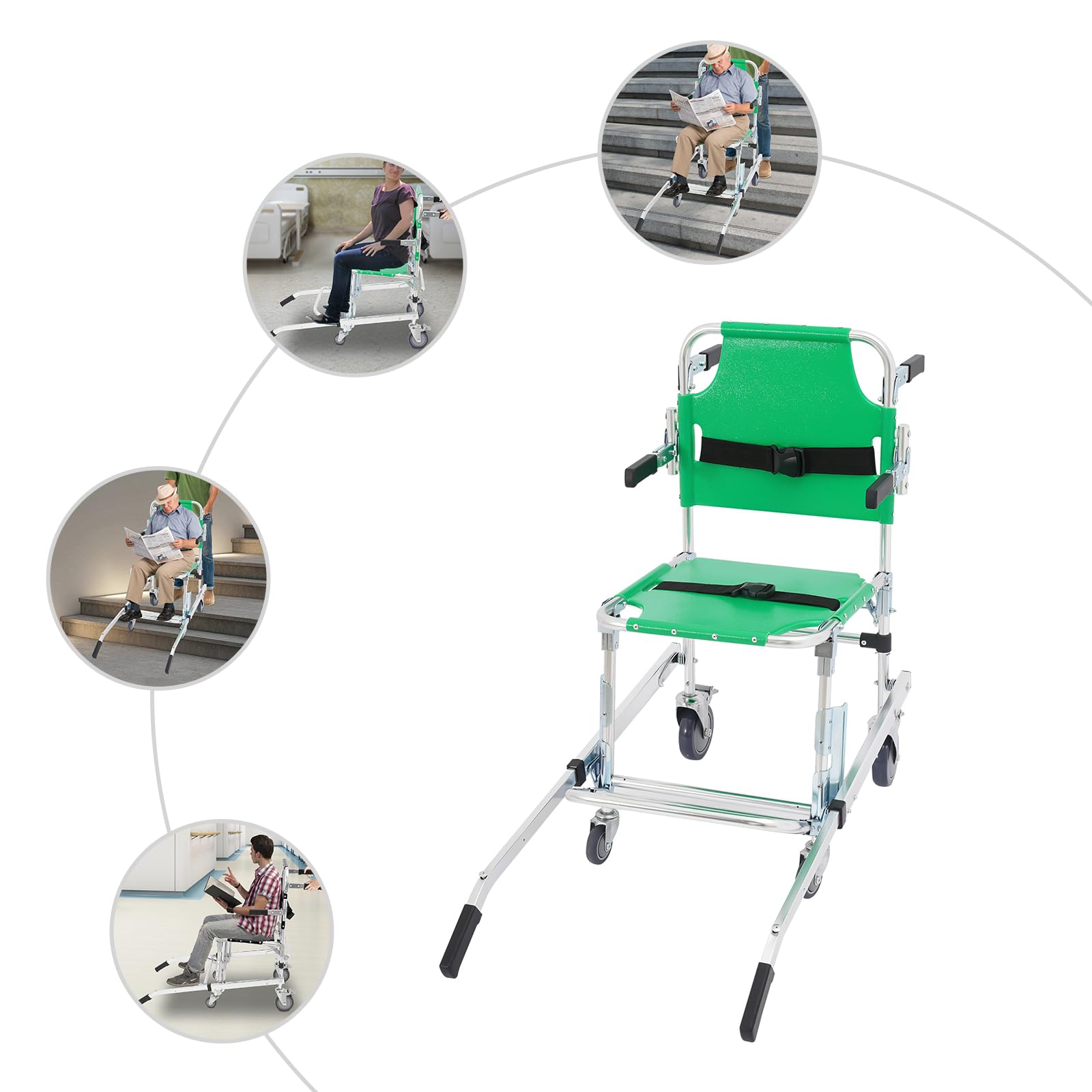 Sedia pieghevole per scale con cinture di sicurezza, sedia a rotelle portatile, con 4 ruote universali, portata massima 159 kg