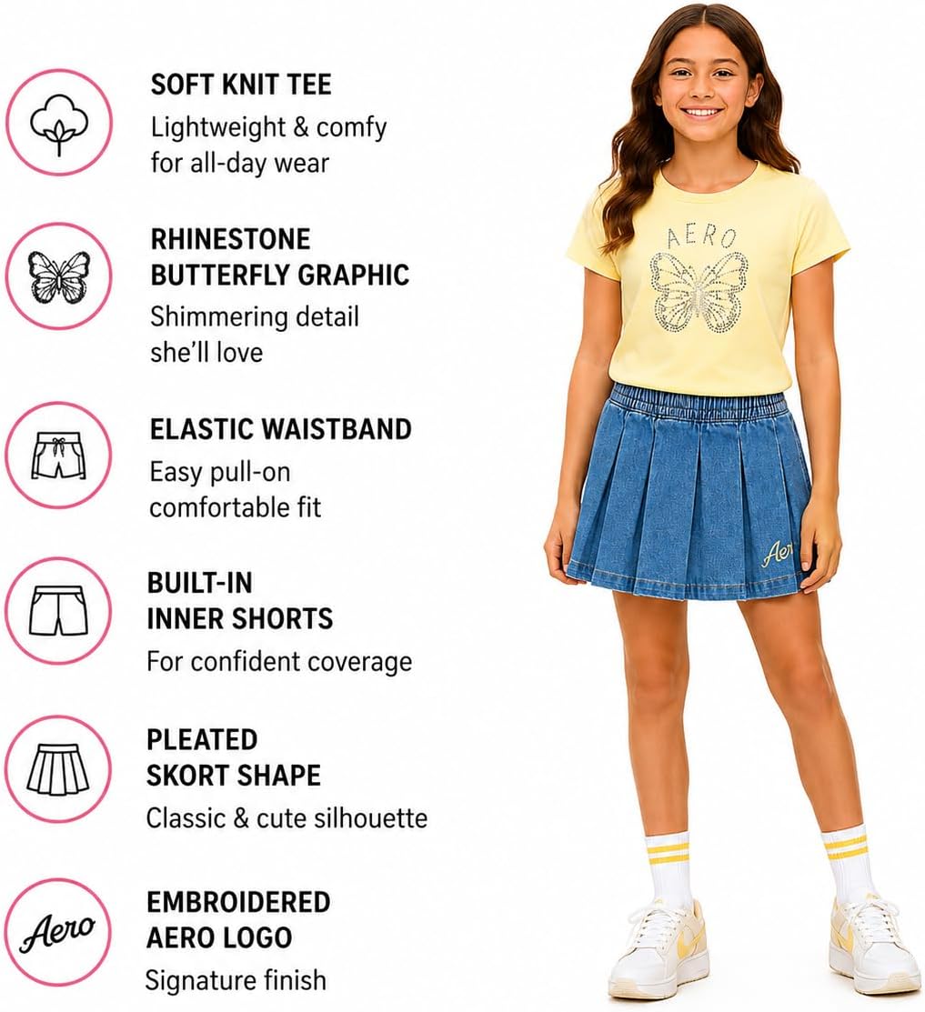 AEROPOSTALE Girls Skort Set - Soft Cotton Blend Rhinestone Top Short Sleeve Graphic Tees and Twill Denim Skort for Girls