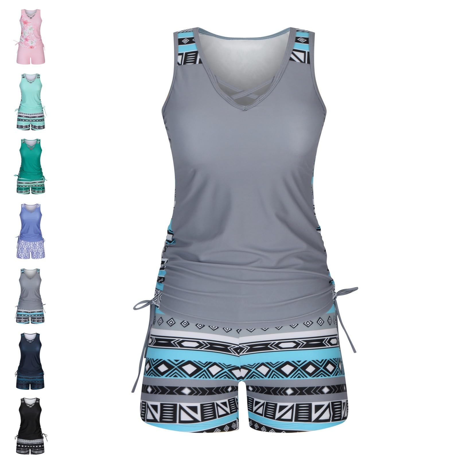 Women's Tummy Control Tankini Set with Built-in Bra, Flattering Boho Swimwear with Shorts, Two Piece Summer Bathing Suits(Grey,2XL)