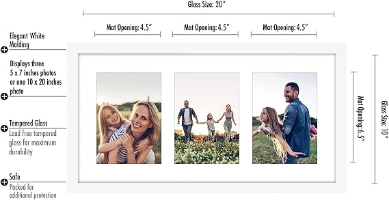 Americanflat 5x7 Picture Frame Collage with Polished Plexi Cover - Signature Collection - Fits Three 5x7 or One 10x20 Photo - Collage Photo Frame for Wall Display - White