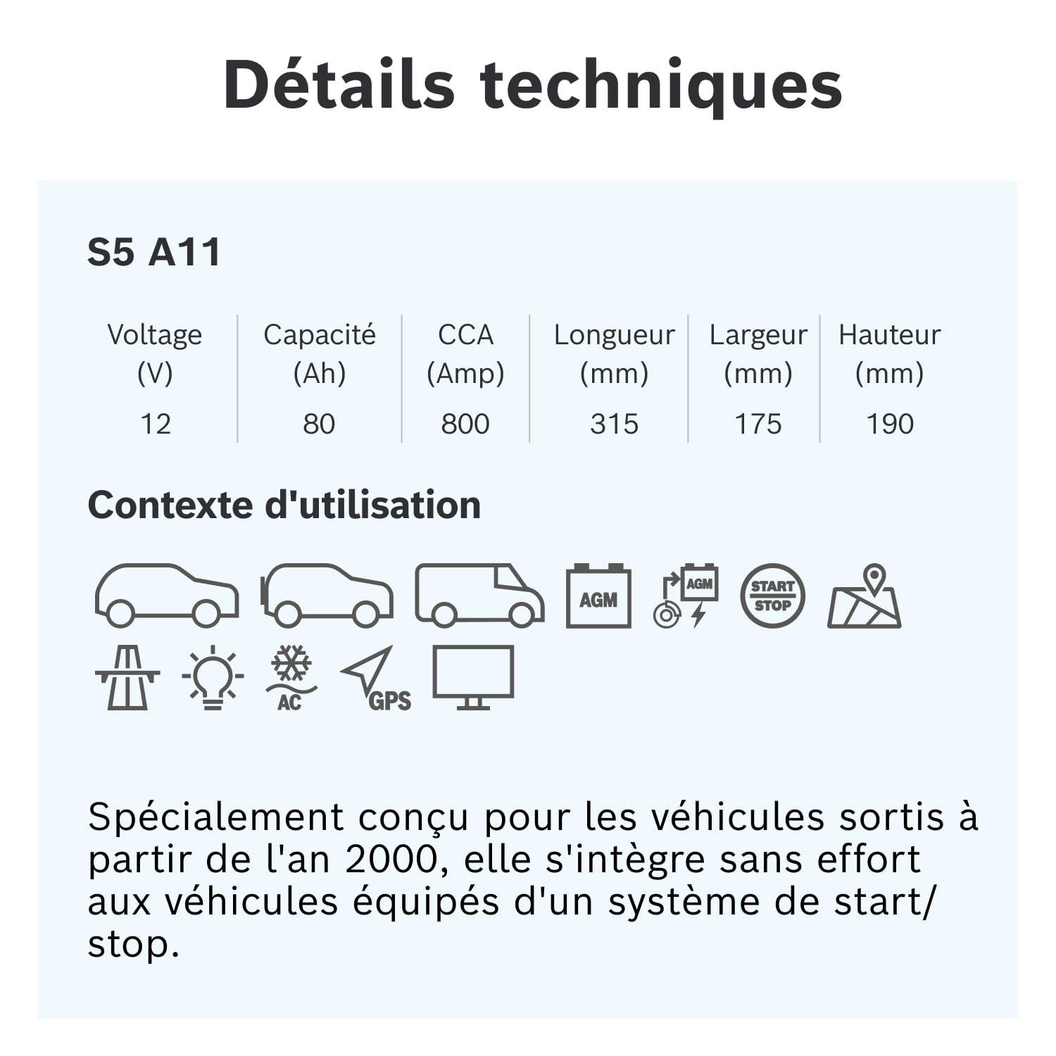 Bosch S5 A11 Batterie Auto 80 A/h - 800 A - Batterie 12 V, AGM Plomb-acide pour Véhicules avec Système Start/Stop, (-) (+), 315 x 175 x 190 mm - Pour Véhicules avec Récupération d'Énergie au Freinage