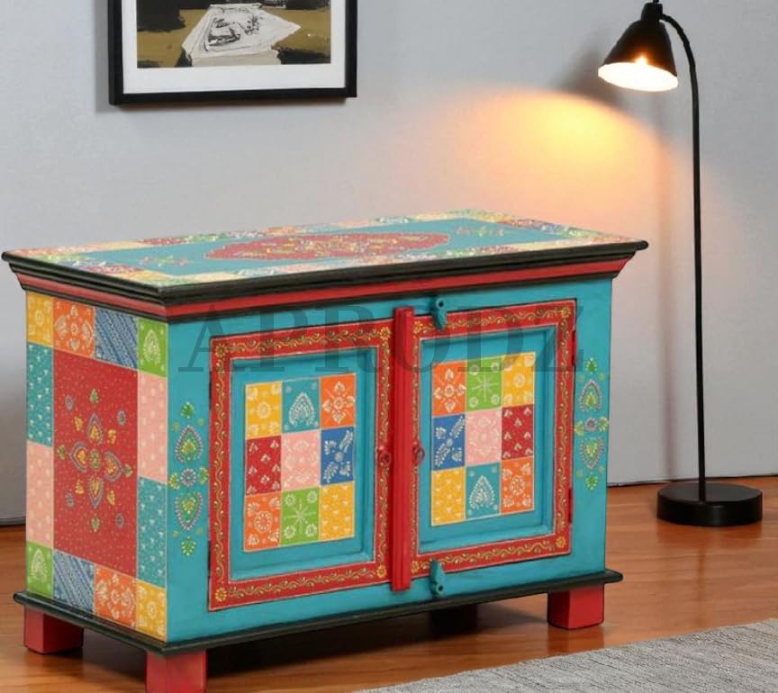 Image of APRODZ Hand-Painted Solid Wood Sideboard Cabinet with 2 Doors | Wooden Storage Cabinet for Bedroom Living Room & Kitchen | Crockery Cabinet, Kitchen Storage | Multicolor, 24x14x24 Inches
