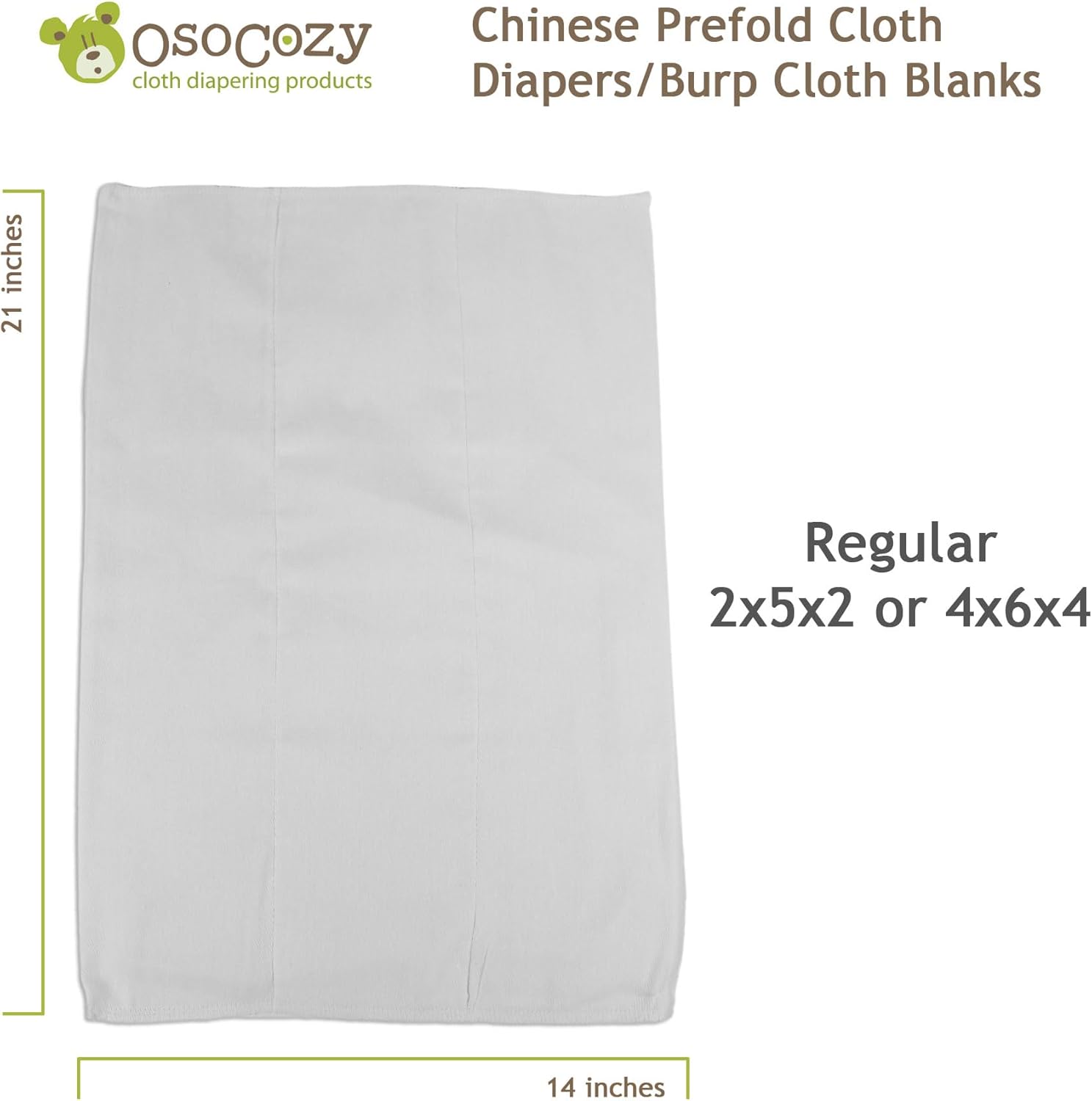 OsoCozy - Chinese Prefolds Cloth Diapers 1 Dozen - Perfect for Burp Cloths or Diapers. Soft and Absorbent for Baby Made of 100% Cotton- Fits 15-30 Lbs. - Size: Regular 2x5x2, 14x21 inches.