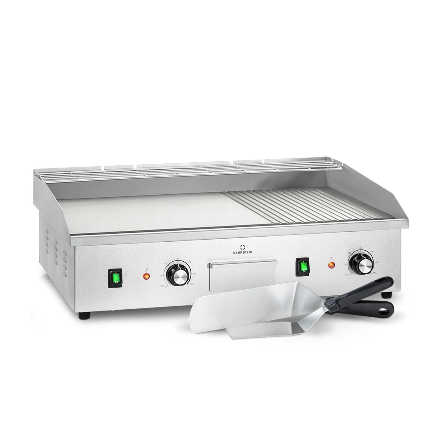 Klarstein Parrilla Eléctrica - Grill de Mesa con Pantalla LED para Balcón e Interior, Acero Inox, Placa Antiadherente Extraíble, Antisalpicaduras, 2 Zonas, 50-300 °C