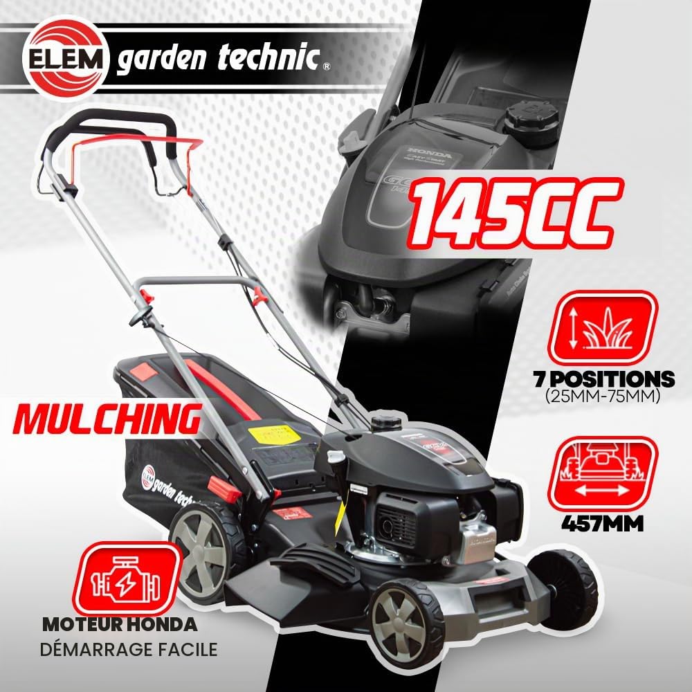 Tondeuse Thermique tractée 145CC avec Moteur Honda, Mulching et éjection latérale