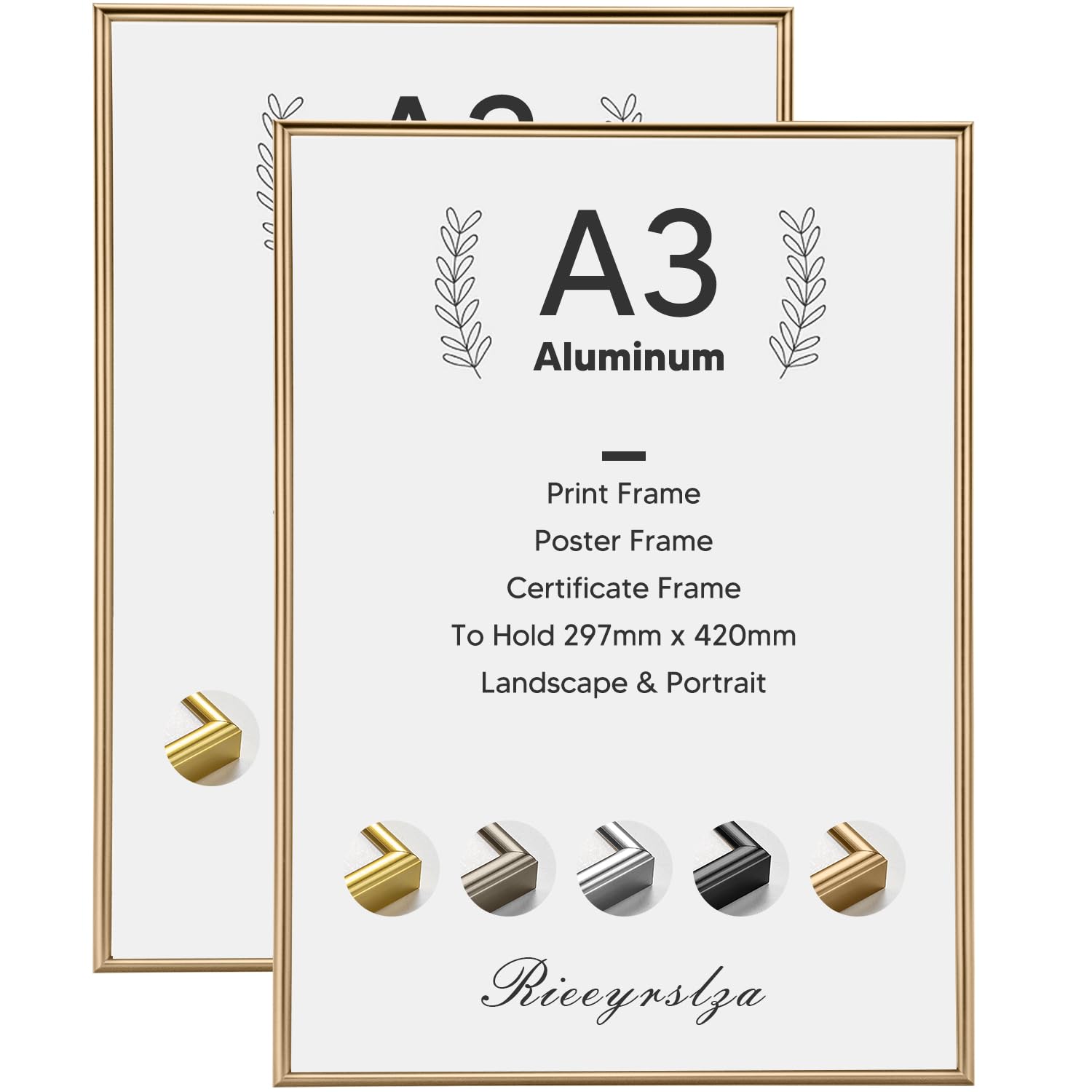Rieeyrslza A3 Marco para Foto Aluminio Juego de 2 Marco de Fotos Certificados con Lámina Deflector Transparente Marcos para Pósteres Decoración de la Galería(Champán)