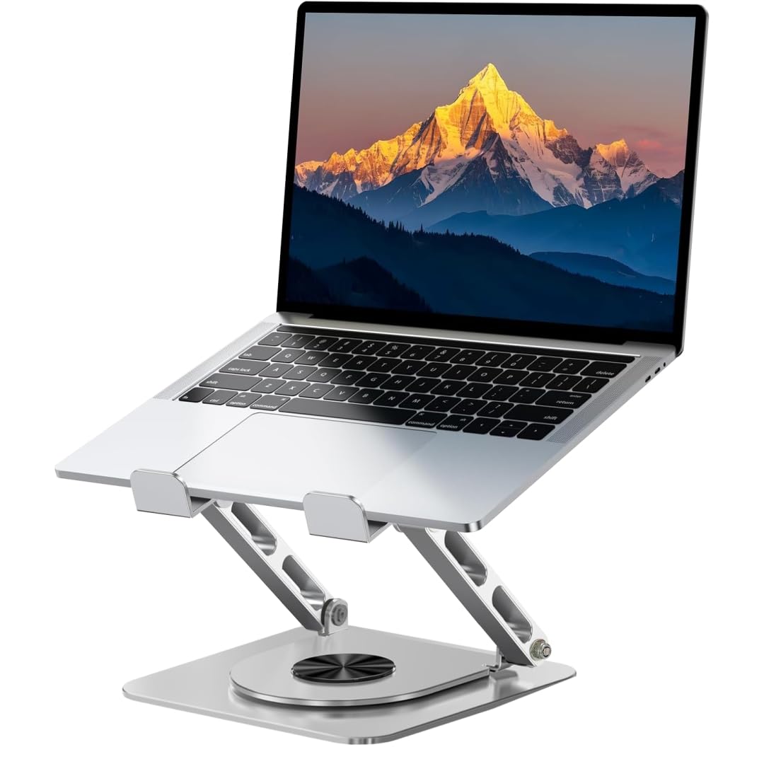 Dyazo Laptop Stand Foldable Height Angle Adjustable Laptop Riser for Desk Compatible for MacBook, Lenovo, Dell Notebook up to 15.6 Inches 360 Rotating Base (Silver) Dyazo Laptop Stand Foldable Height Angle Adjustable Laptop Riser for Desk Compatible for MacBook, Lenovo, Dell Notebook up to 15.6 Inches 360 Rotating Base (Silver)