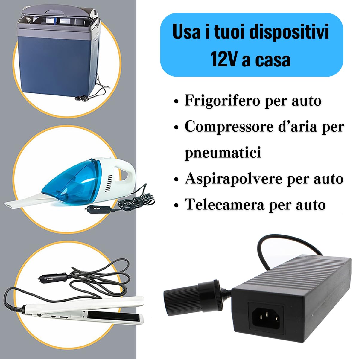 Alimentatore AC a DC Adattatore 100V - 240V a 12V Automobile Sigaretta Accendisigari Presa Corrente 12V/10A 120W Inverter di Potenza Trasformatore Convertitore per Compressore/Pompa Aria per Auto