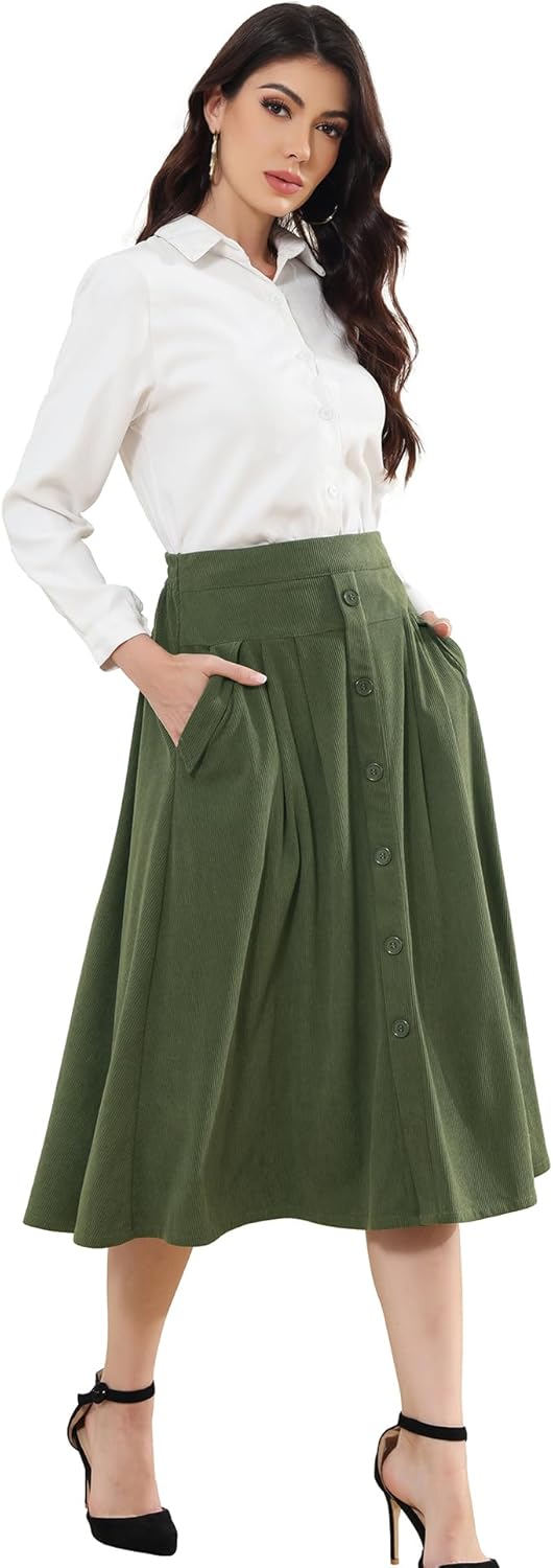 Womens Corduroy Skirts Vintage High Waist Button Long Pleated Skirts A-line Midi Skirt with Pockets Fall Winter - Image 5