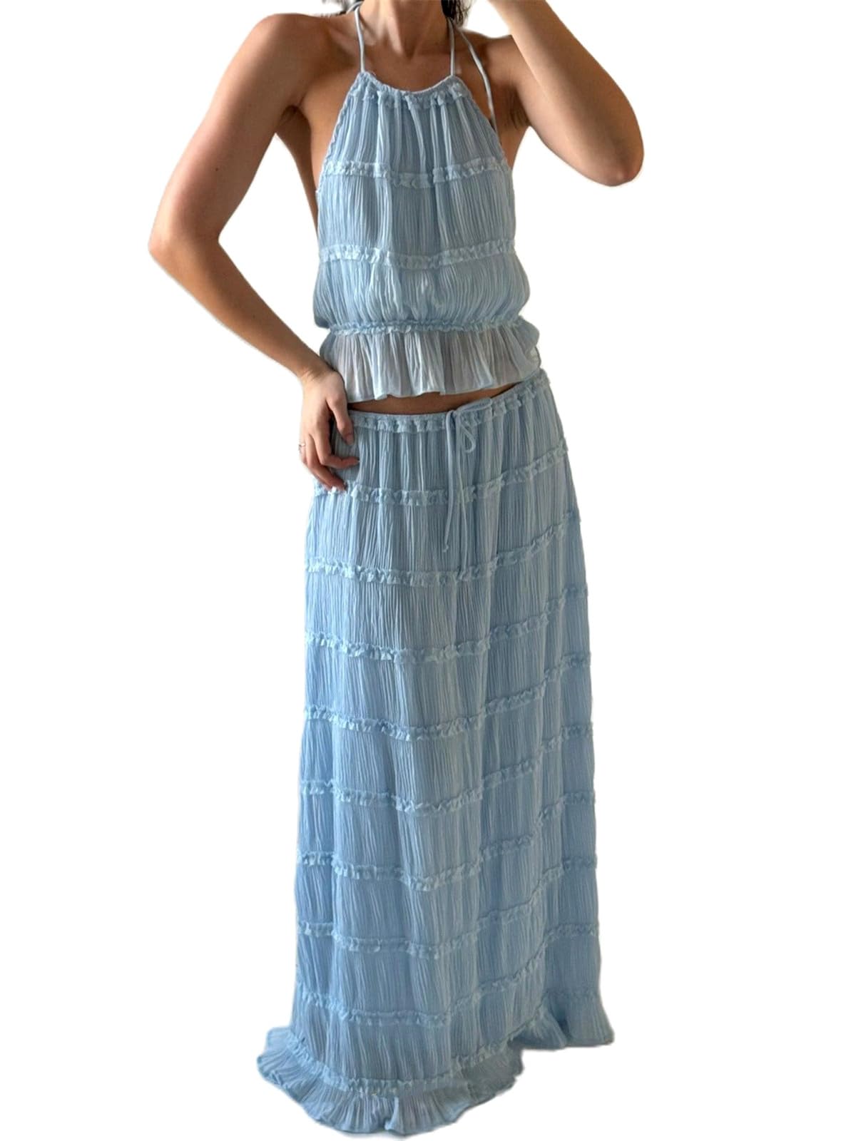 Womens 2 Piece Maxi Skirt Set Halter Open Tie Back Tank Top Elegant Long Skirts Summer Beach Vacation