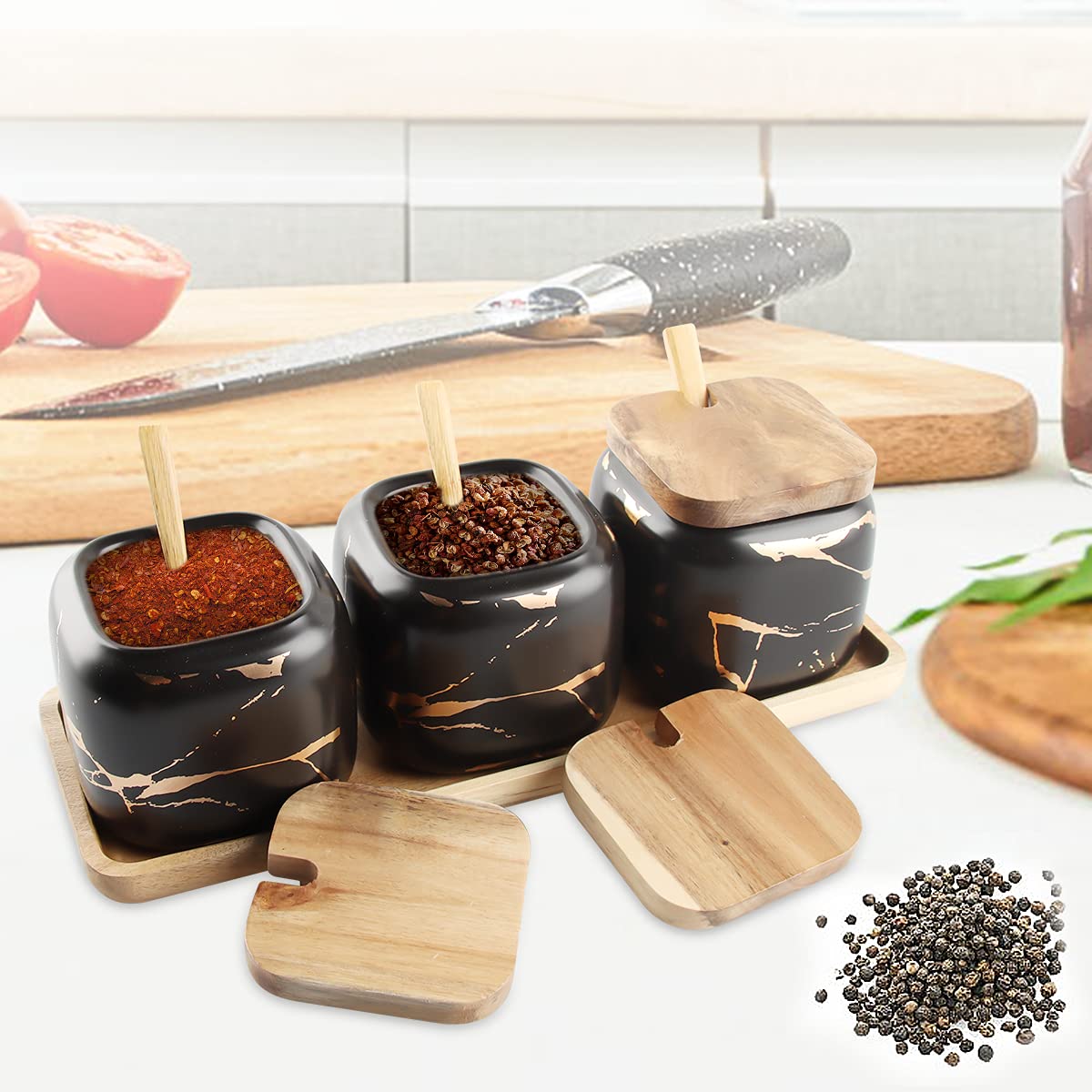 Set de 3 Pots à Épices En Céramique, Boîtes en Céramique Spice Container, Aspect Marbre - Pot à Épices Avec Couvercle En Bois Véritable Et Cuillère en Bambou et Plateau en Bois (noir)