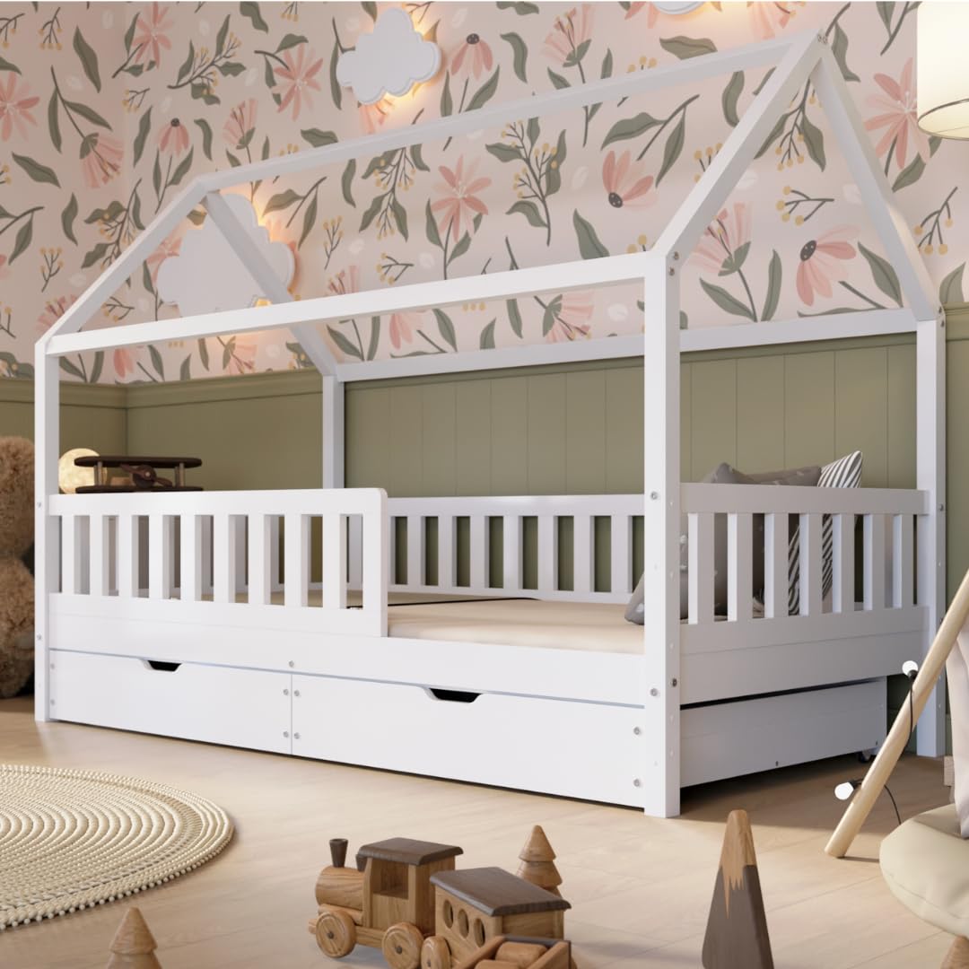 Crazy Pine Hausbett mit Schubladen 140x200 cm – Kinderbett aus Naturholz in Weiß mit Rausfallschutz – Skandinavisches Design, Montessori Bodenbett mit zusätzlichen Stauraum - Crazy Blanco
