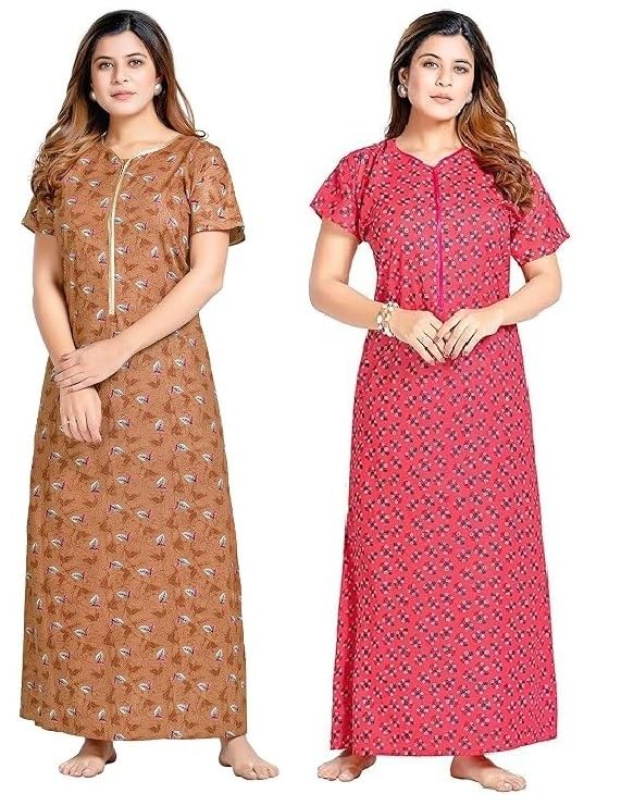 Image of PNAEONG Women's Cotton Printed Nighty Night Gown Maxi Free Size (Pack of 2)