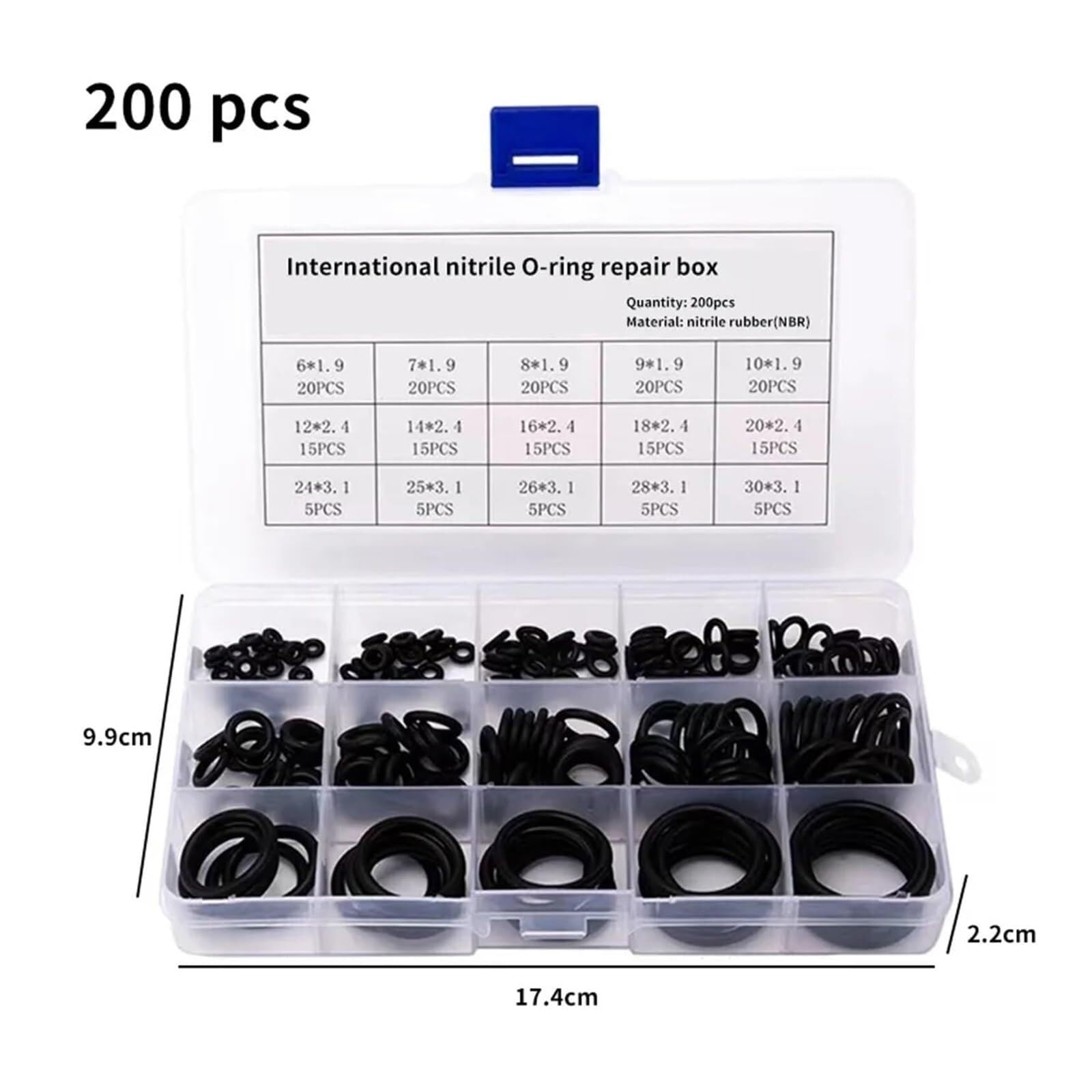 175/200 pz O-ring in gomma Set guarnizioni di tenuta elastici in gomma nitrilica O-ring ad alta pressione Kit di riparazione fascia elastica di tenuta - Kit guarnizioni assortite(200pcs)