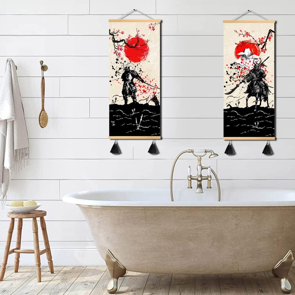 MBOUFOEY 2 Pieces Red Black Ancient Japan Warrior and Fuji Mountain Scroll Painting Samurai Canvas Wall Art Print Poster Ready To Hang Vintage Style Artwork Home Decor 12"x32"x2pcs