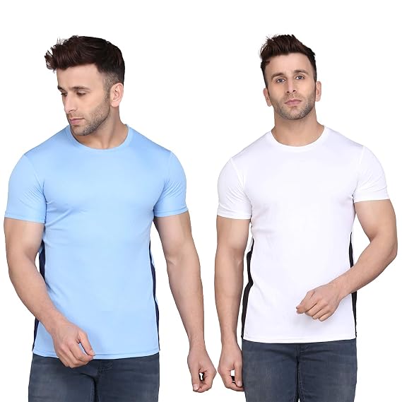 Buy TQH Solid Men Round Neck White, Sky 