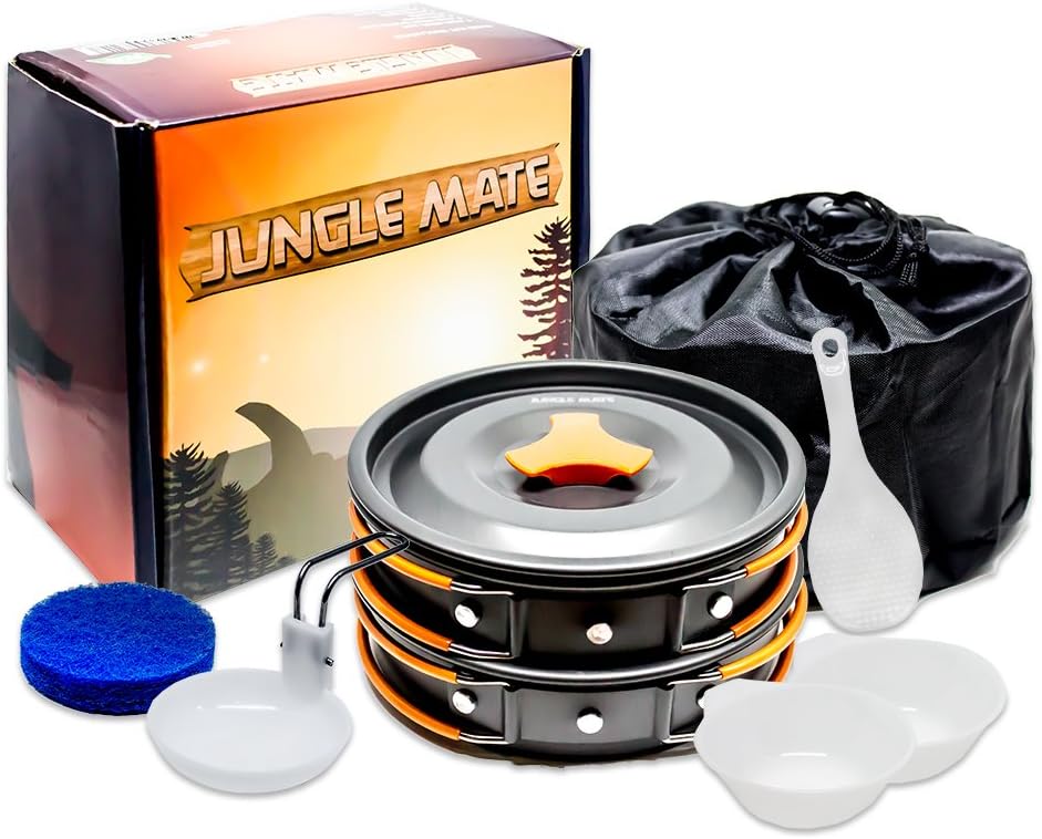Jungle Mate Outdoor Camping Cookware Mess Kit, Lightweight Camping Cookset, Compact Anodized Aluminum Camping Pans and Utensils
