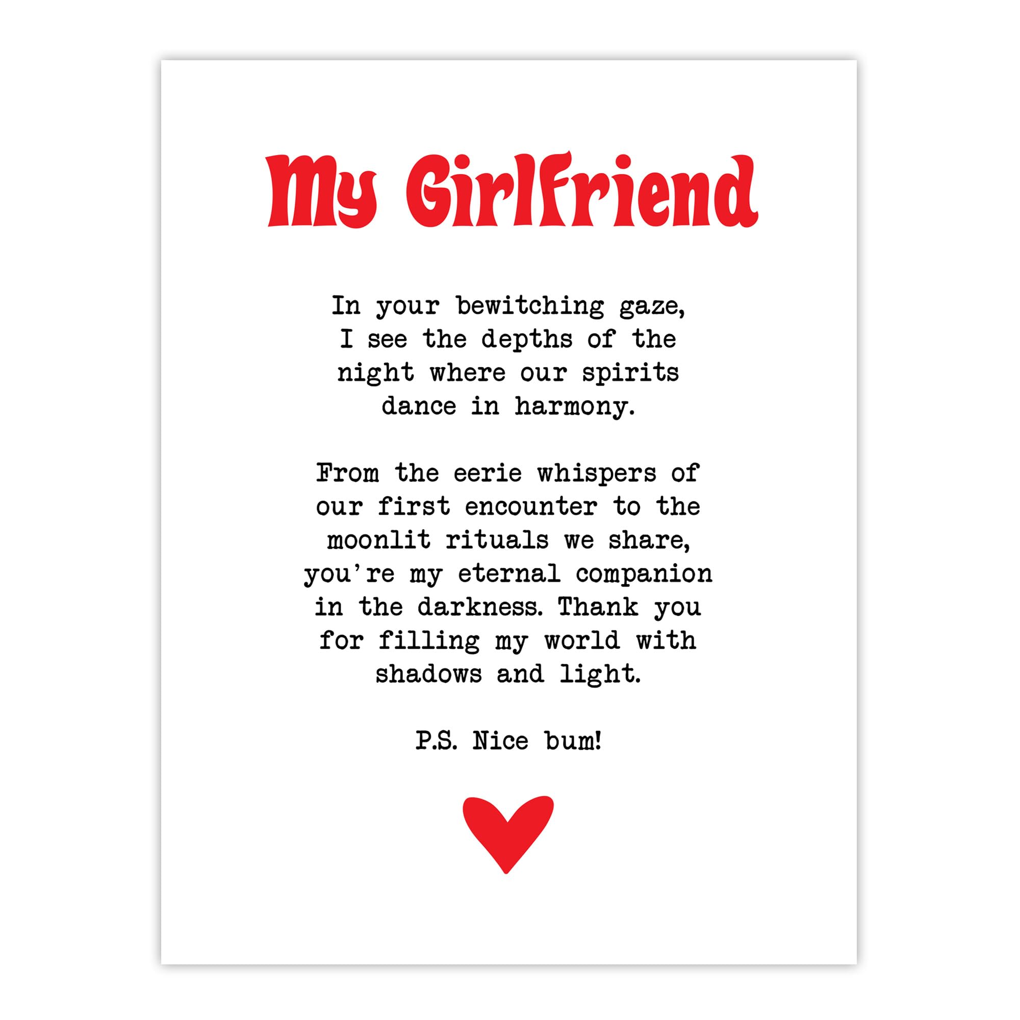 Artery8 Love Poem Goth Girlfriend Romantic Poetry Fun Wall Art Print - W24 inch x H32 inch - White