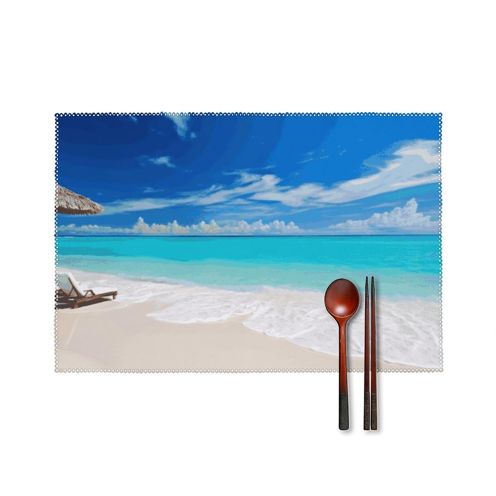 Set de table toile blanche imprimé plage tropicale 45x30 cm lot de 6