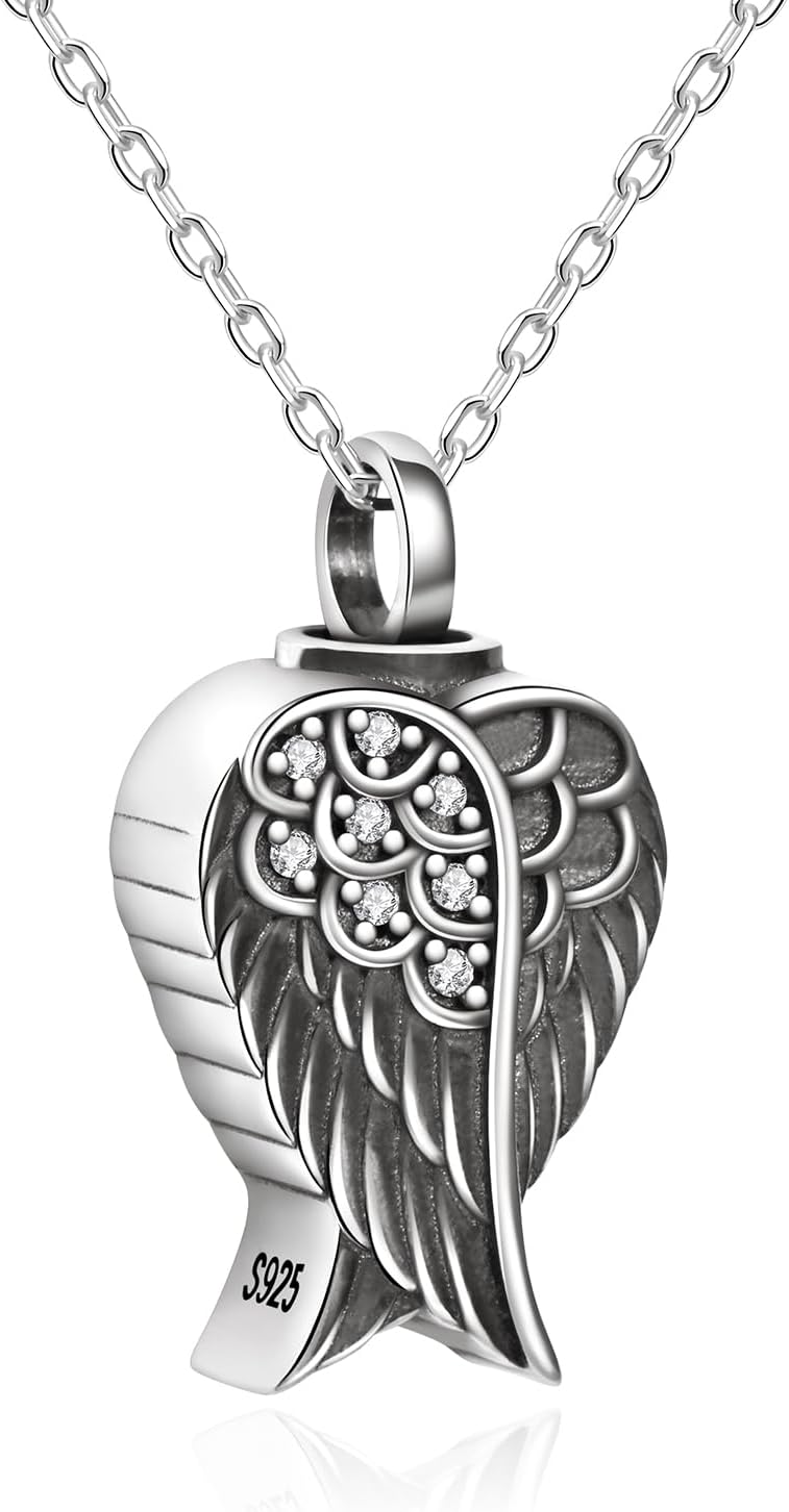 YLT Angel Wings Urn Pendant Necklace for Ashes 925 Sterling Silver Memorial Cremation Jewelry for Women