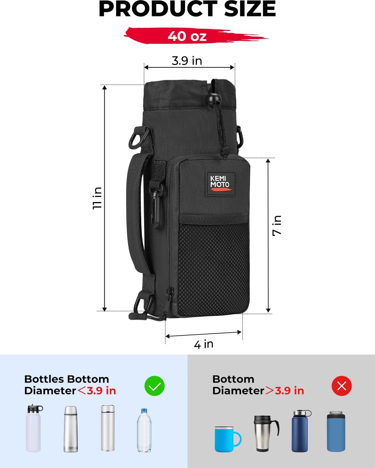 KEMIMOTO Water Bottle Holder Bag, Water Bottle Carrier with Adjustable Shoulder Strap, Water Bottle Pouch Holder for Hiking, Camping, Fishing, Compatible with YETI STANLEY SLM 32 oz, 40 oz, 64 oz - Image 6