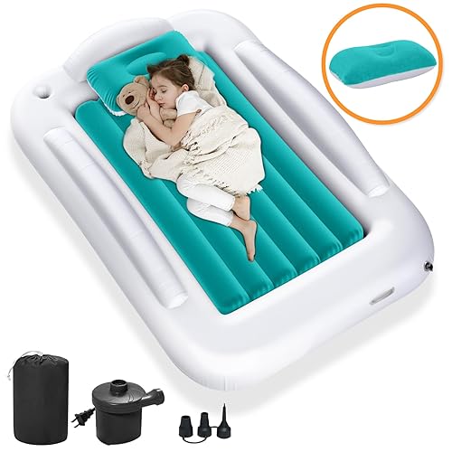 Miniatura 35 de Cama inflable de viaje para niños, colchón de aire portátil y cómodo con parachoques de seguridad de 3 lados, cama inflable para acampar y viajar