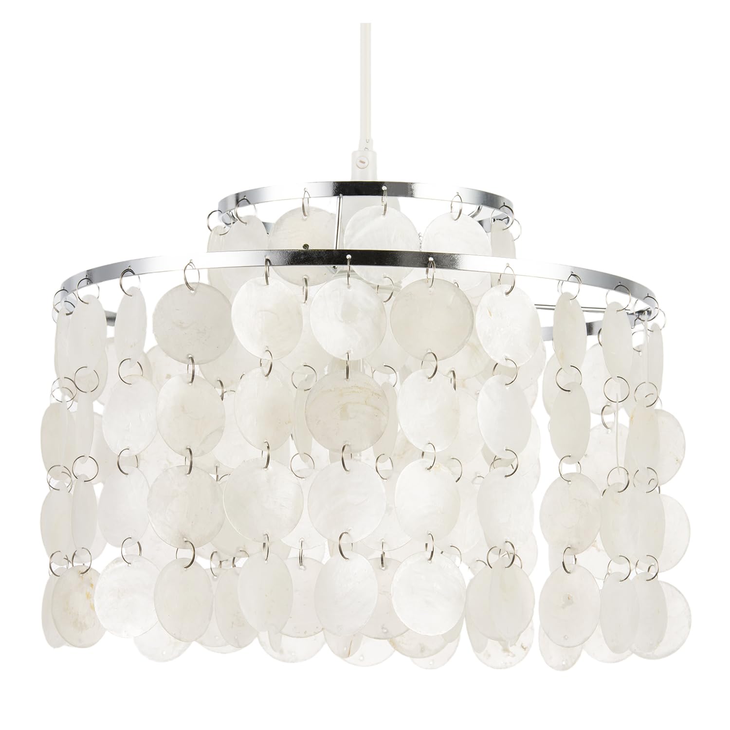 Waterfall Design Pendant Light Shade with Cascading Natural Capiz Style Shell Discs | Chrome Plated Metal Frame | 31cm x 20cm by Happy Homewares