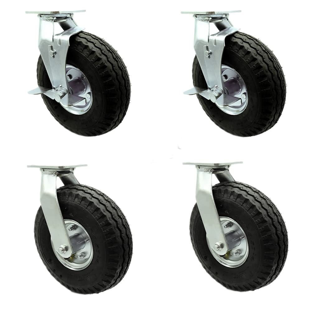 10 Inch Swivel Pneumatic Casters Set of 4 - Black Rubber Wheels - Includes 2 Swivel with Brakes and 2 Swivel - Heavy Duty Casters - 1,400 lbs. Total Capacity - Service Caster Brand