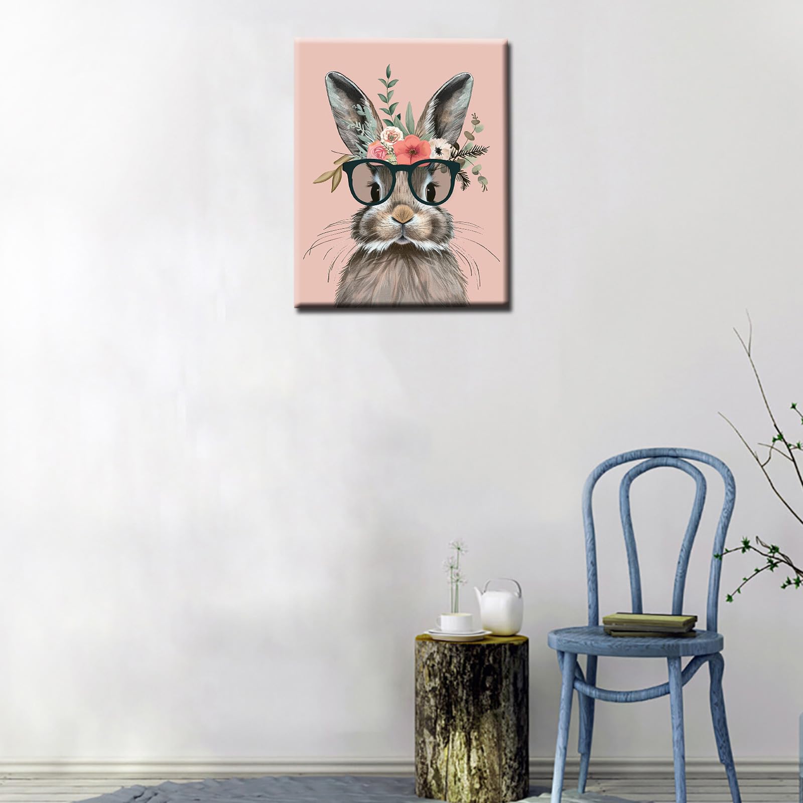 Little Rabbit Wearing Sunglasses Poster Prints Artwork Funny Cute Animal Flowers 1P Canvas Room Wall Creative Pictures Home Decor for Living Room Framed Gallery-Wrapped Ready to Hang 16x24inch - Image 3