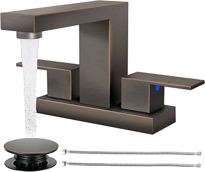 Cobbe Bathroom Faucets for Sink 3 Hole, Oil Rubbed Bronze Bathroom Sink Faucet Square 4 Inch Centerset with Pop-Up Drain, 2 Handle and 2 Supply Hoses, Lead-Free Stainless Steel for Vanity Rv