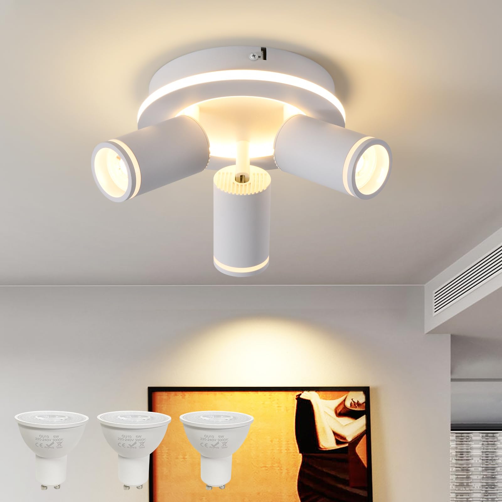 MYCUL Faretti Led Soffitto a 3 Fiamme Orientabili,Binario Faretti Soffitto 15W+3x5W Spot GU10,Faretto da Soffitto Bianco Caldo 3000K,Lampada da Soffitto Moderna,per tettuccio terrazzo, tettoie