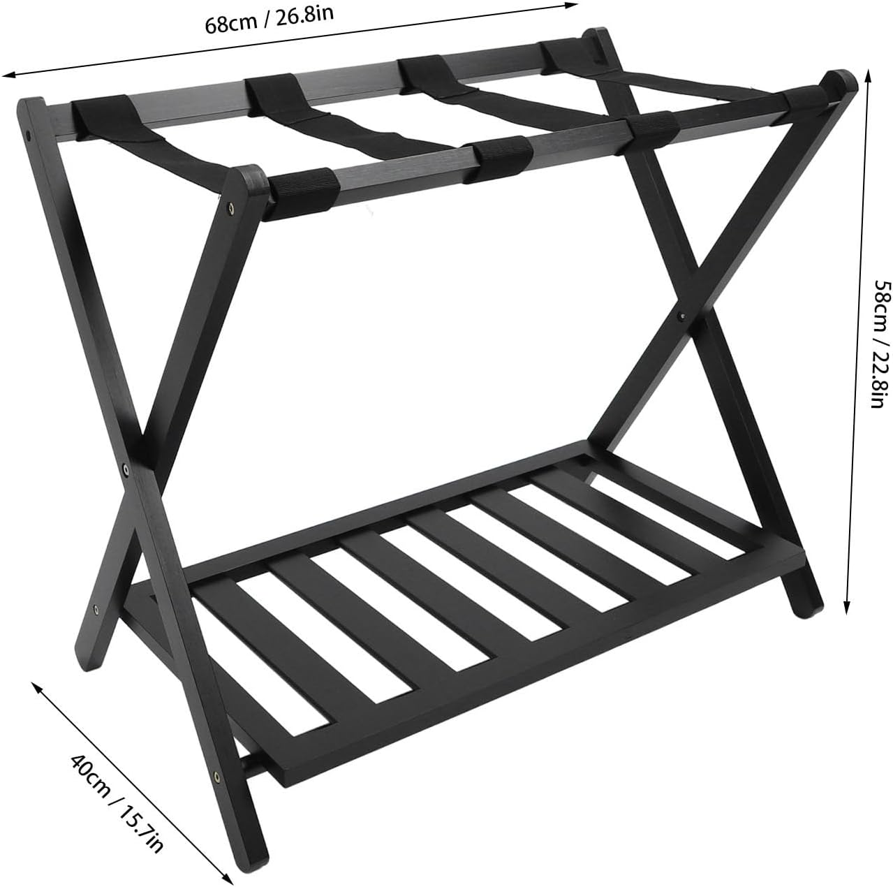 Luqeeg Luggage Rack with Reinforced Strap Double Layer Storage Layers Wooden Extra Wide Top Strong Load Bearing Suitcase Stand for Guest Room Bedroom Hotel Travel Foldable