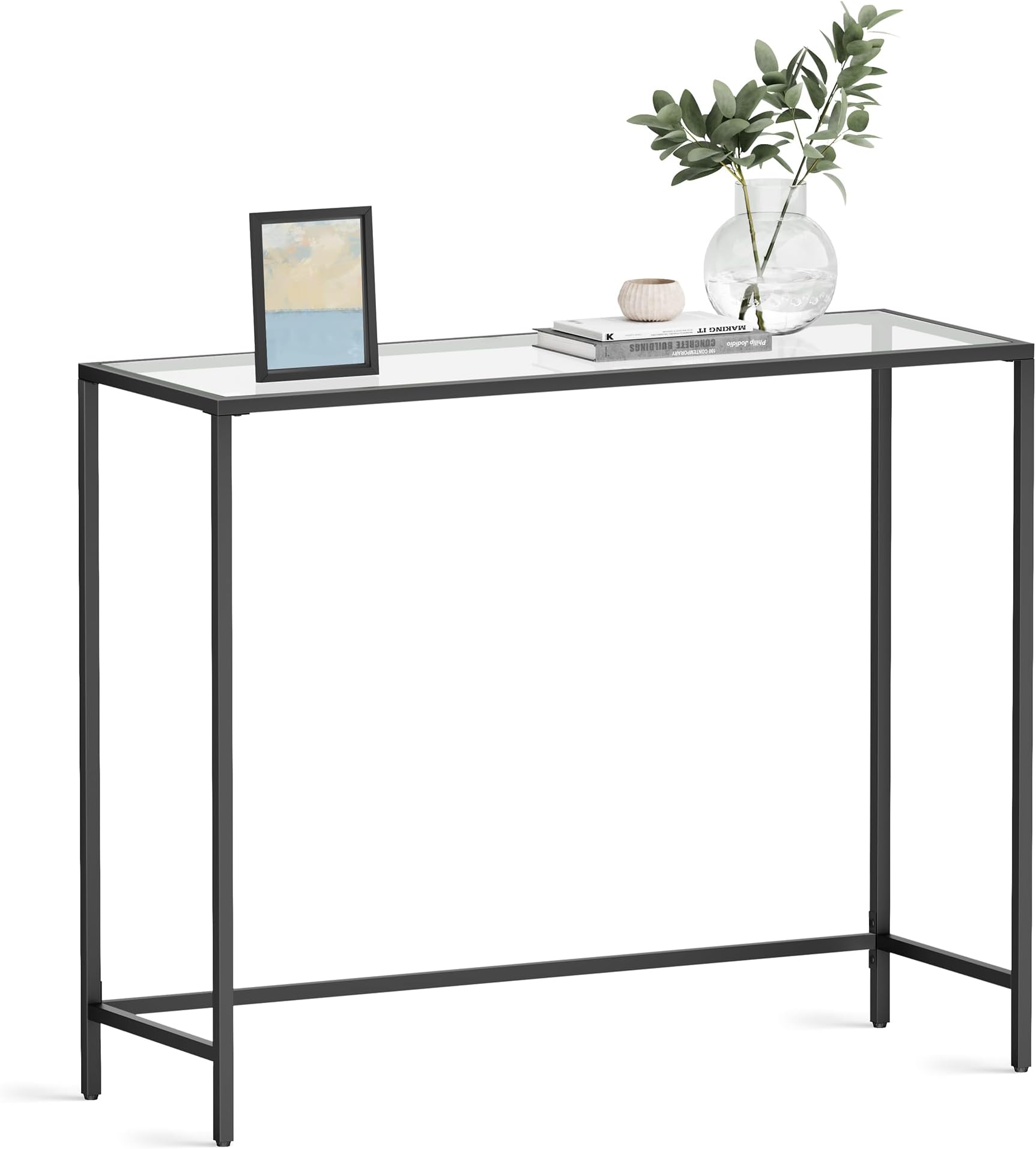 VASAGLE 39.4ââ‚¬Â Console Table, Tempered Glass Sofa Table, Modern Entryway Table, Metal Frame, Easy to Assemble, Adjustable Feet, for Living Room, Hallway, Black ULGT026B01