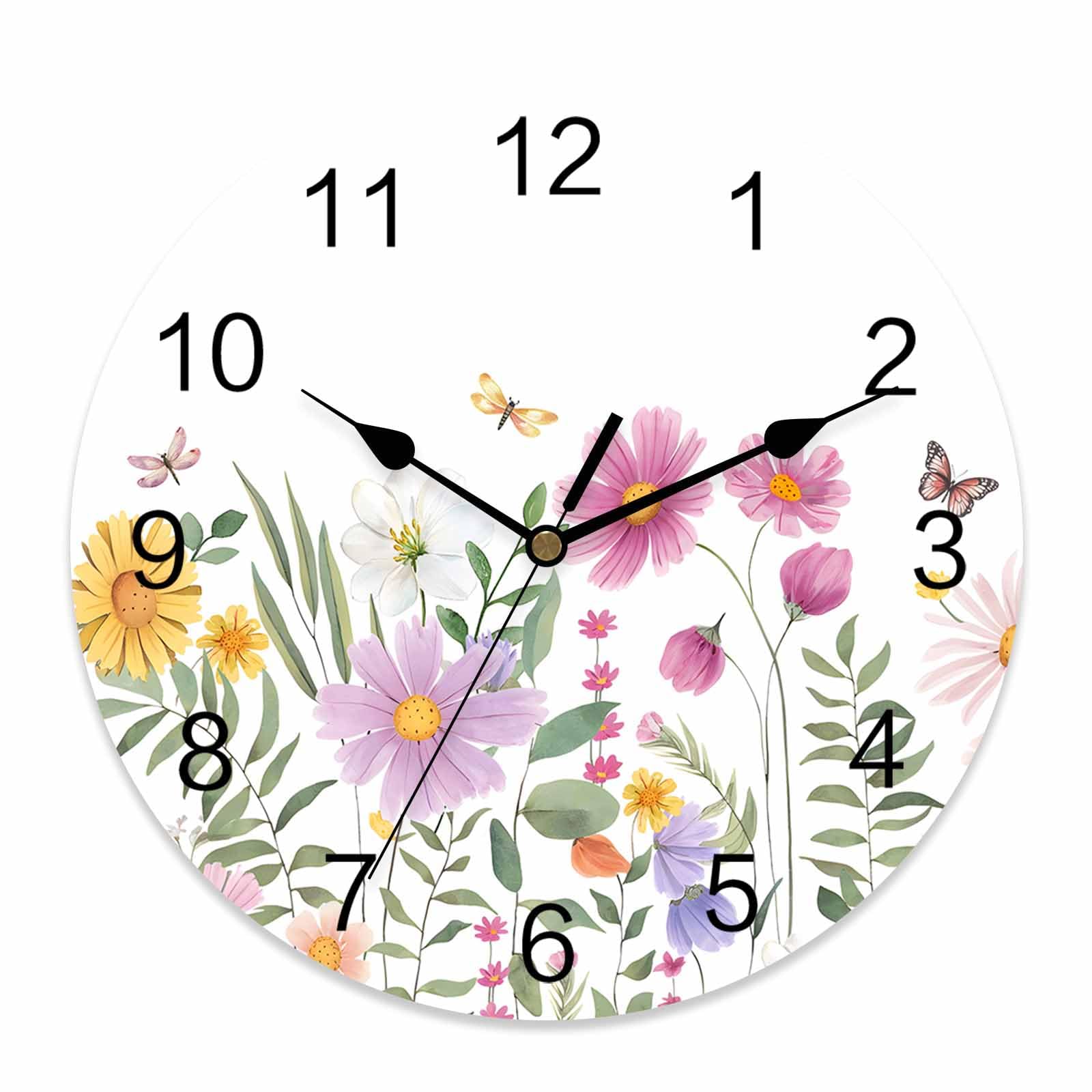 Wildflower Butterfly PVC Wall Clock Silent Non-Ticking Battery Operated Clocks, Spring Floral Round Clock for Home Living Room Office School Kitchen