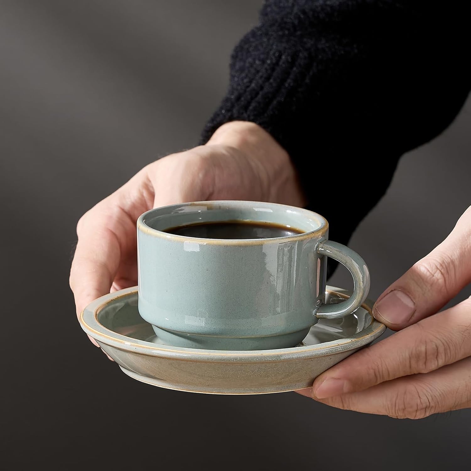 JIEMEI HOME Porcelain Stackable Espresso Cups with Saucers and Metal Stand, 4 Ounce Demitasse Cups for Latte, Cafe Mocha Tea-Set of 6 Espresso Mugs, Reactive Glaze, Green - Image 2