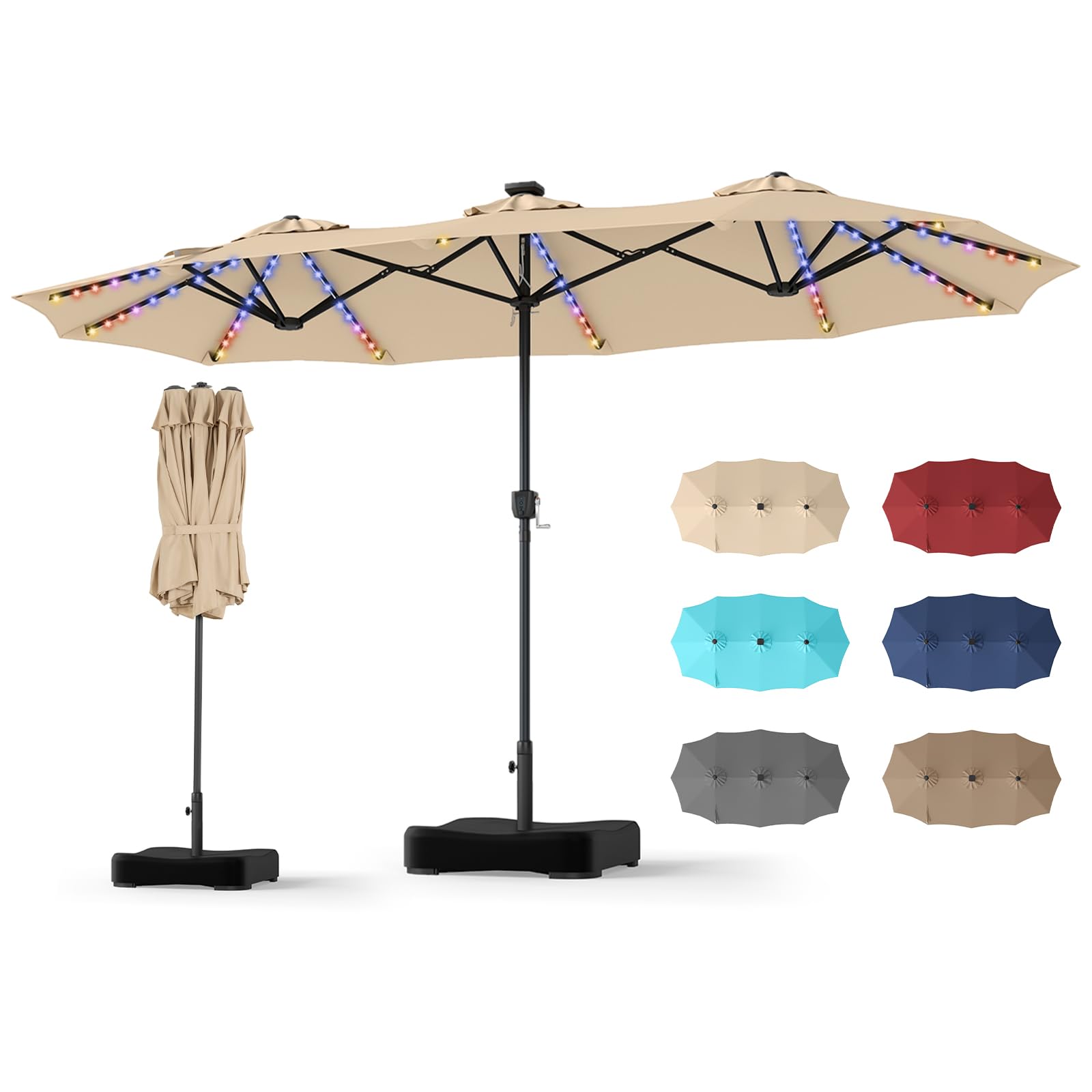 COSTWAY 4m Double Sided Garden Parasol, Extra Large Outdoor Sun Umbrella with Solar LED Lights, Crank Handle & Heavy Duty Base, Waterproof Market Canopy Shelter for Patio, Lawn (Beige, 108 Lights)