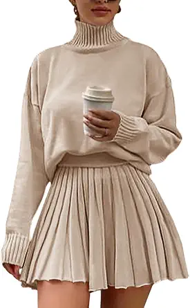 Women's 2 Piece Outfits Turtleneck Long Sleeve Oversized Pullover Sweaters and Pleated Mini Skirt Sets