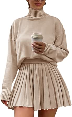 Women's Turtleneck Sweater and Pleated Mini Skirt Two-Piece Set