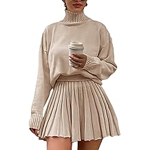 Women's 2 Piece Outfits Turtleneck Long Sleeve Oversized Pullover Sweaters and Pleated Mini Skirt Two Piece Sets