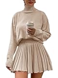 Women's 2 Piece Outfits Turtleneck Long Sleeve Oversized Pullover Sweaters and Pleated Mini Skirt Two Piece Sets