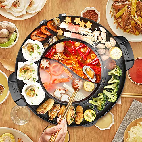 SEAAN Electric Hot Pot Grill Indoor Korean BBQ Grill Shabu Shabu Pot with Divider Separate Dual Temperature Control Separate cleaning Capacity for 6 People 110V Black