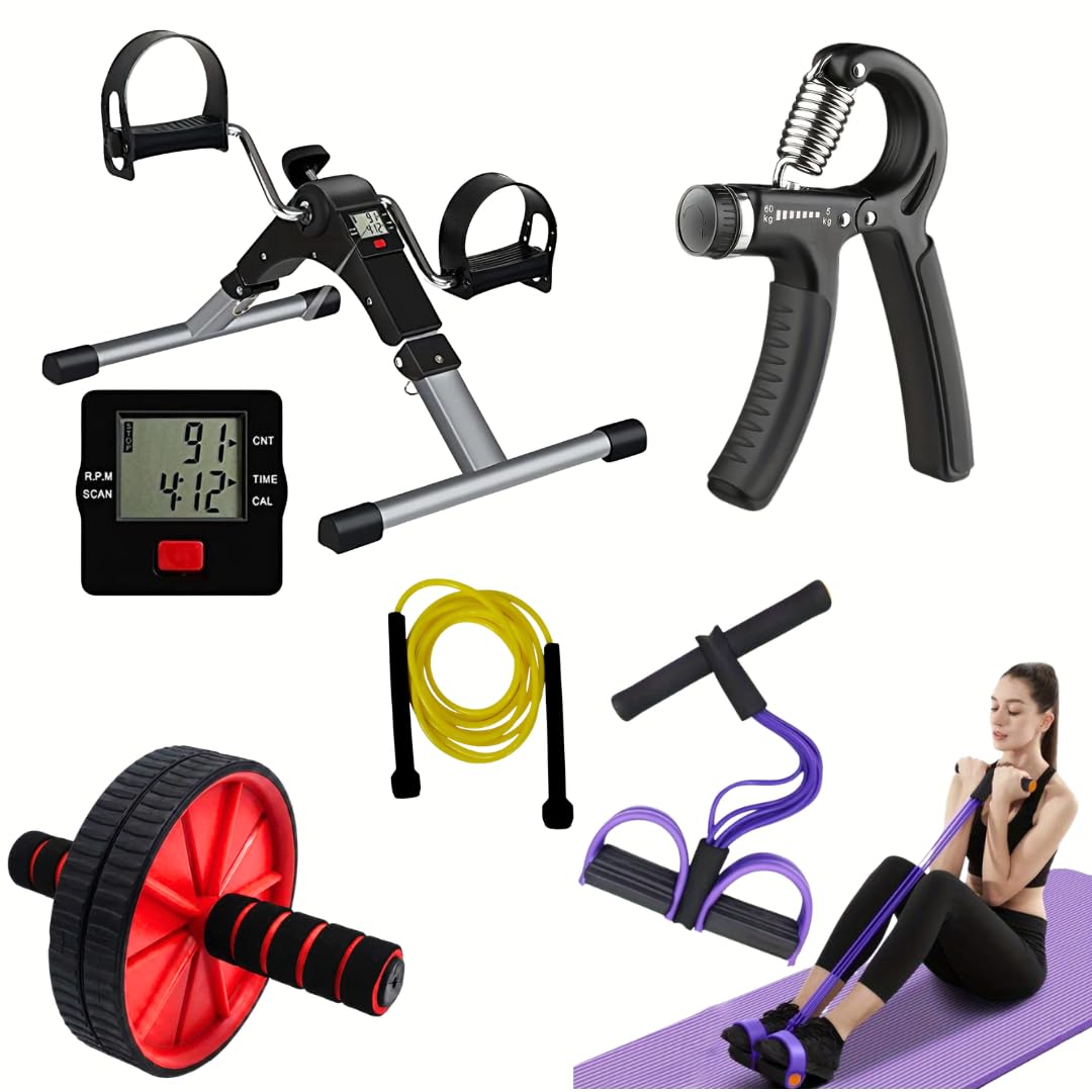 INSTAFIT Home Fitness Kit Combo with Mini Pedal Exerciser, AB Wheel Roller, Adjustable Hand Gripper, 4 Rubber Tummy trimmer,Skipping Rope, for Full Body Workout, Multicolour-image-8