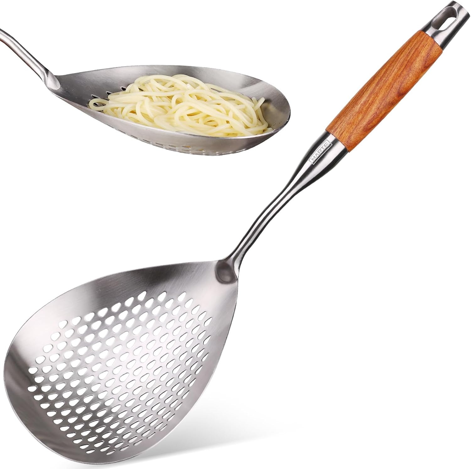 MARTE 16.5in 304 Stainless Steel Skimmer Slotted Spoon – Pasta Spider Strainer Ladle for Cooking and Frying – Kitchen Metal Scoop Colander With Heat Resistant Wooden Handle