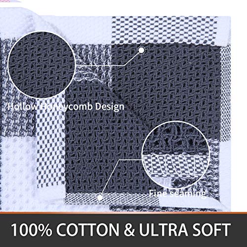 Kitinjoy 100% Cotton Buffalo Plaid Kitchen Dish Cloths, 6 Pack Waffle Weave Kitchen Dish Towels For Drying Dishes Ultra Soft Absorbent Quick Drying Kitchen Towels, 12 X 12Inch, Dark Grey & White #TOP1